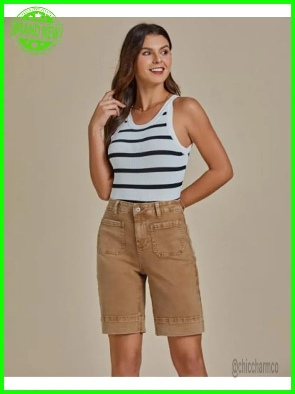 High Waisted Bermuda Shorts Denim Patch Pocket Stretchy Jorts